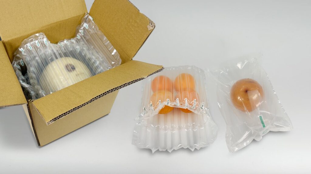 農產品防護包材示範,氣柱袋與雙層緩衝袋中袋包裝水果範例