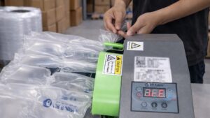 物流出貨作業中，緩衝氣墊機因膠膜進料異常而卡膜，導致設備無法正常運轉。