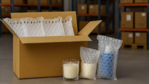 箱購氣泡袋包裝示意圖，展示強力氣泡袋保護玻璃瓶與保養品的出貨防護效果。