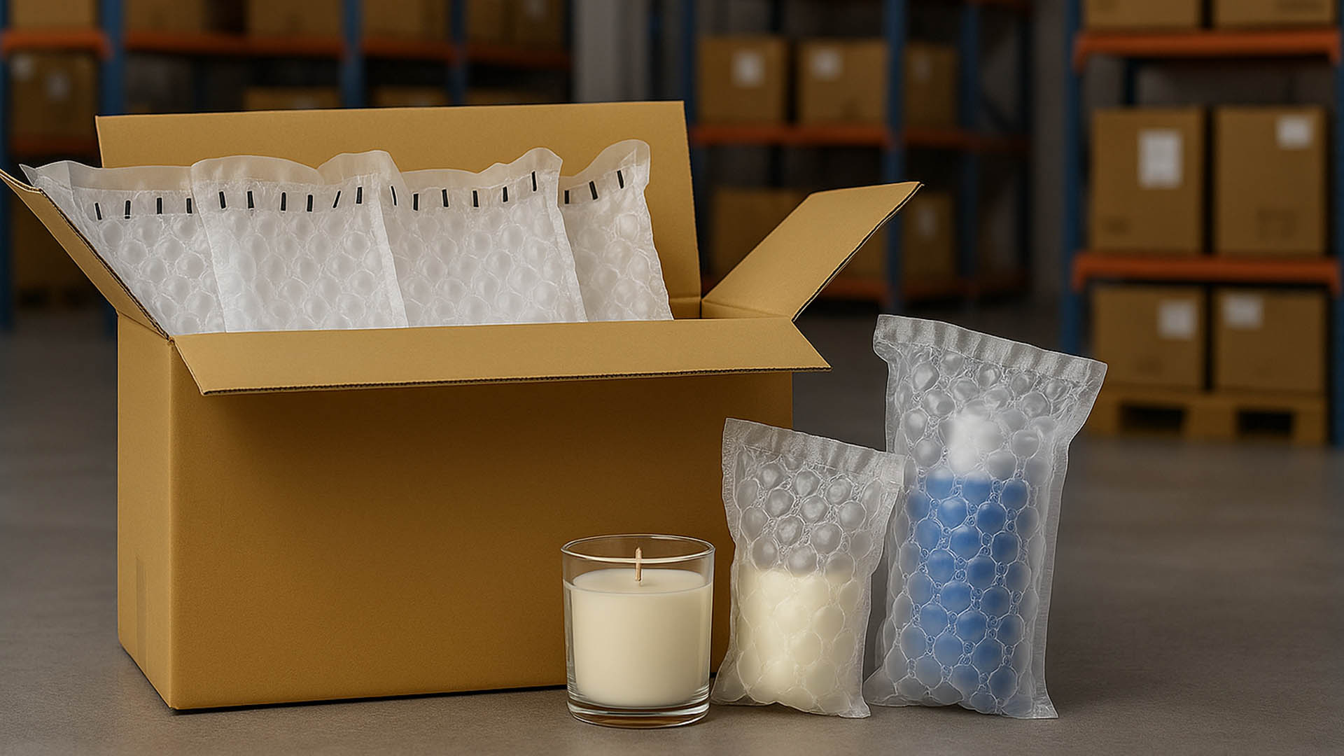 強力氣泡袋箱購保護示範|商品出貨防護實例 箱購氣泡袋包裝示意圖,展示強力氣泡袋保護玻璃瓶與保養品的出貨防護效果。