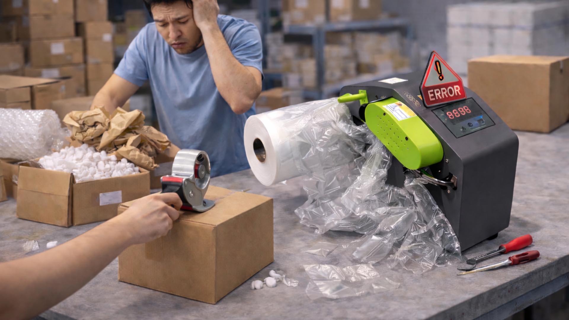 氣墊機故障停擺的包裝現場，包裝人員改用傳統包材進行人工包裝，設備顯示錯誤訊息影響出貨流程