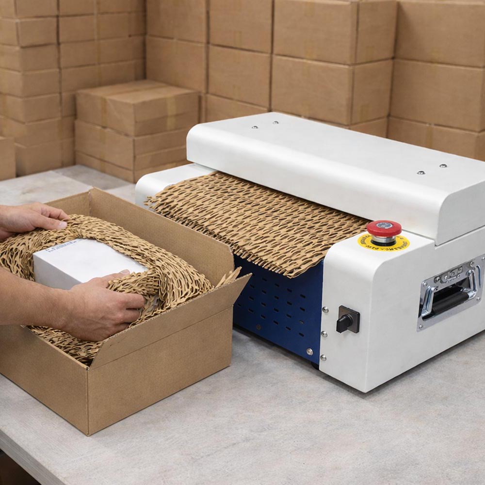 蜂巢緩衝紙於紙箱內包覆產品示意