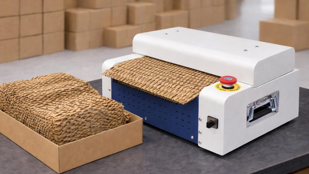 透過紙箱碎紙膨切機產出蜂巢緩衝紙,作為降低包材支出的解決方案