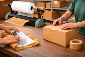 企業使用蜂巢紙與牛皮紙膠帶進行環保包材包裝作業，搭配紙材包裝設備提升出貨效率