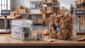 氣泡布與紙包材緩衝效能對比圖：展示達到相同保護力時，氣泡布（336.5g）與紙材（427.3g）在玻璃箱內的填充用量與重量差異。