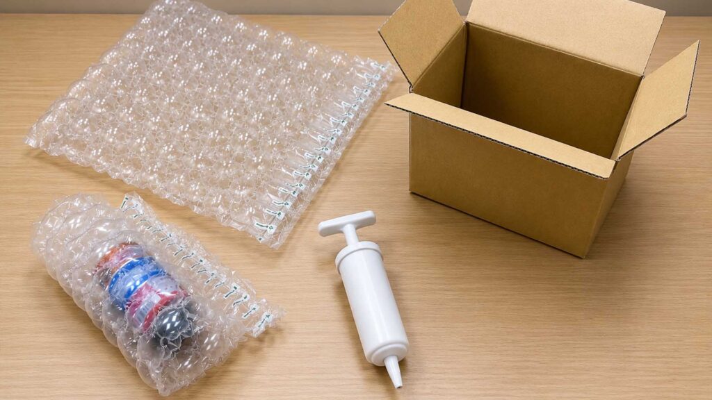 葫蘆型膠膜、手動充氣筒與紙箱包裝示意圖，適用於小型電商包材、緩衝包材及不用機器充氣的出貨應用