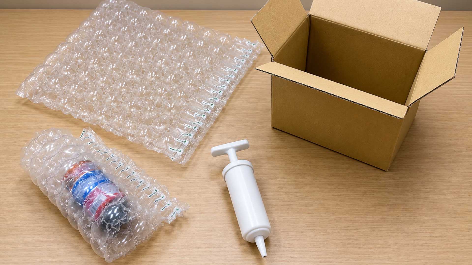 葫蘆型膠膜、手動充氣筒與紙箱包裝示意圖，適用於小型電商包材、緩衝包材及不用機器充氣的出貨應用