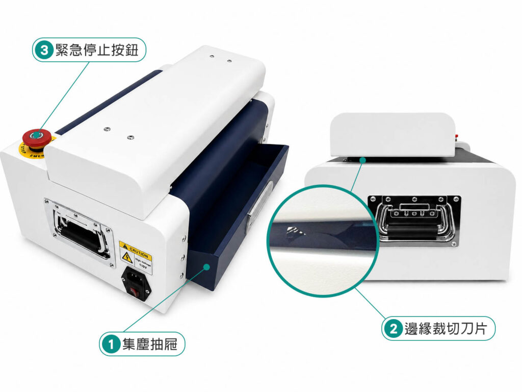 紙箱碎紙膨切機標準款正面與側面外觀，展示集塵抽屜與緊急停止按鈕
