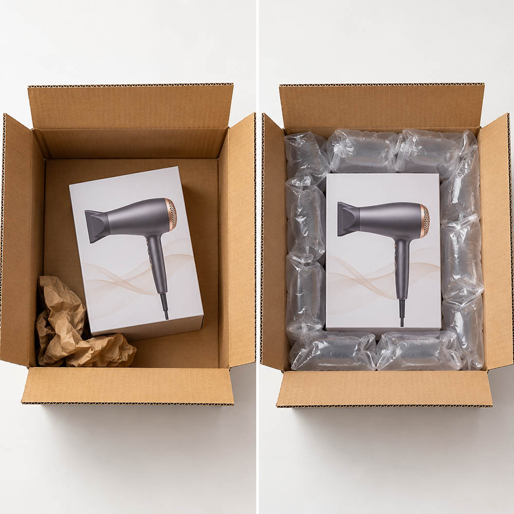 包裝不足與適當填充的對比，左側紙箱僅使用少量牛皮紙、商品周圍留有大量空隙，右側使用充氣緩衝包材填補空隙，降低運送碰撞與商品損壞風險。