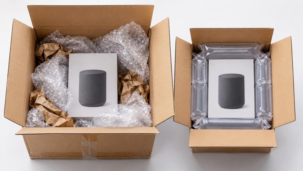 同一商品使用不同包材的包裝成本比較，左側採用大量氣泡布與牛皮紙填充，右側使用氣柱緩衝包材，呈現包裝效率與材料用量差異。