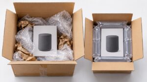 同一商品使用不同包材的包裝成本比較，左側採用大量氣泡布與牛皮紙填充，右側使用氣柱緩衝包材，呈現包裝效率與材料用量差異。