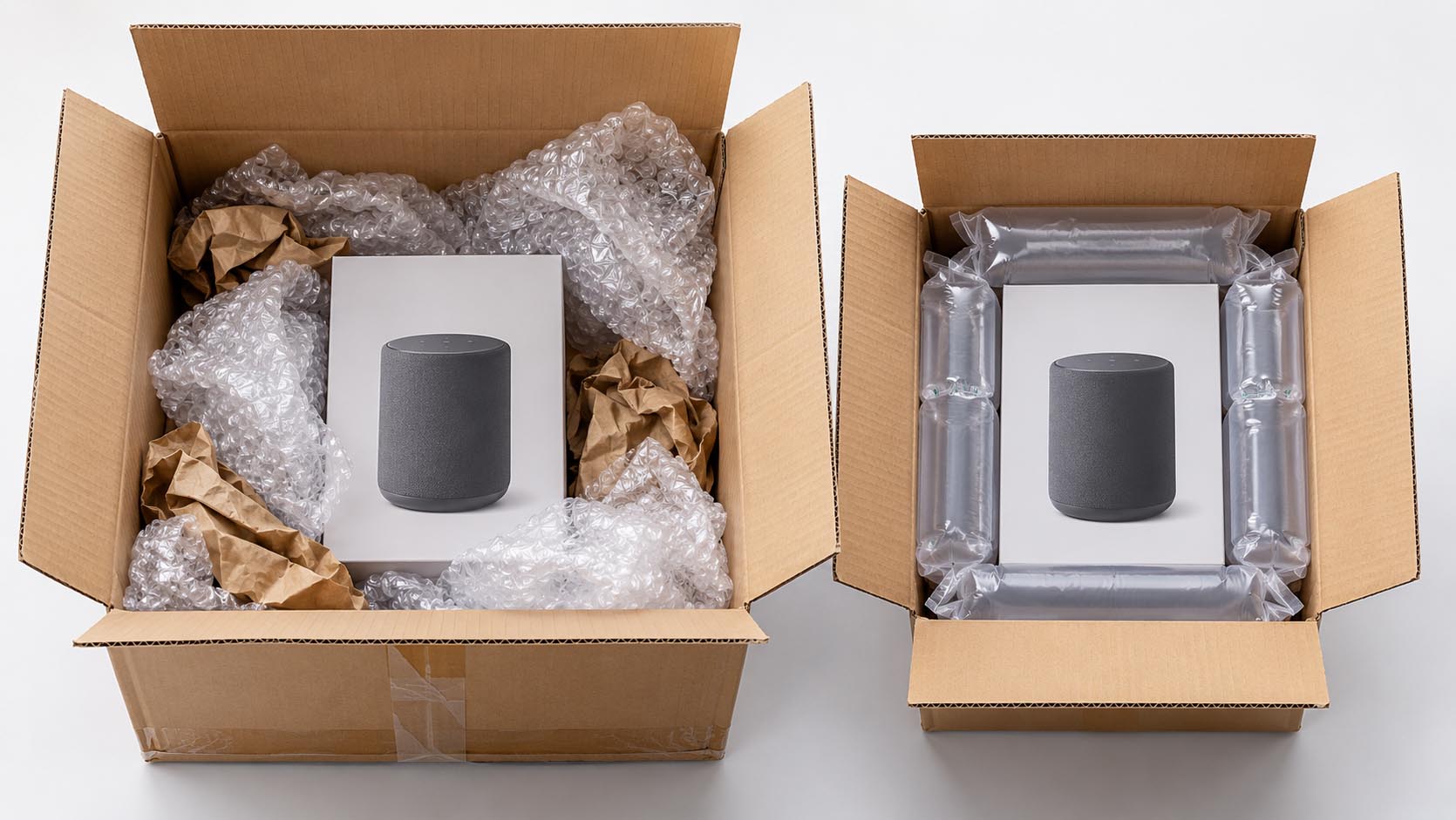 packaging-materials 同一商品使用不同包材的包裝成本比較,左側採用大量氣泡布與牛皮紙填充,右側使用氣柱緩衝包材,呈現包裝效率與材料用量差異。